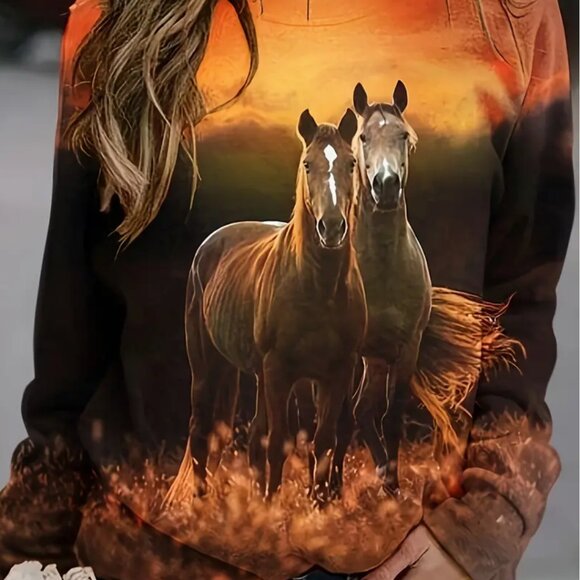XL (12) Twin Horses Shirt, Casual Long Sleeve Raglan Shoulder Shirt - Picture 4 of 4